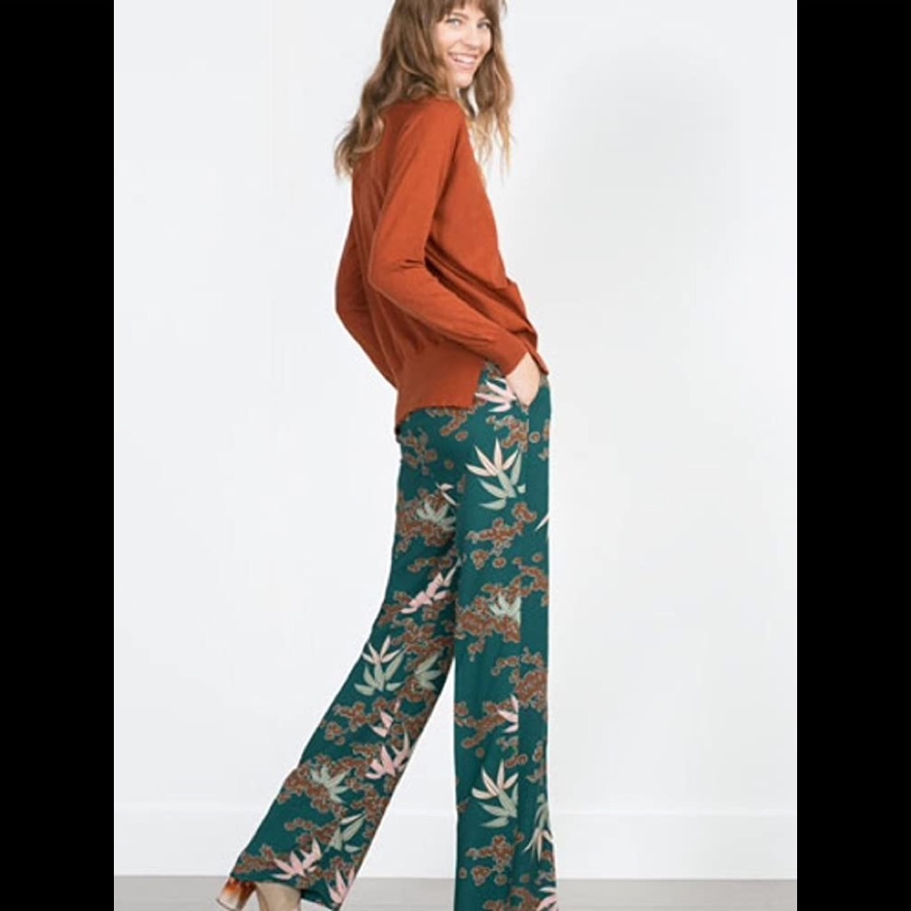 COPY - Zara Basic Green Floral Print High Waist Wide-leg
